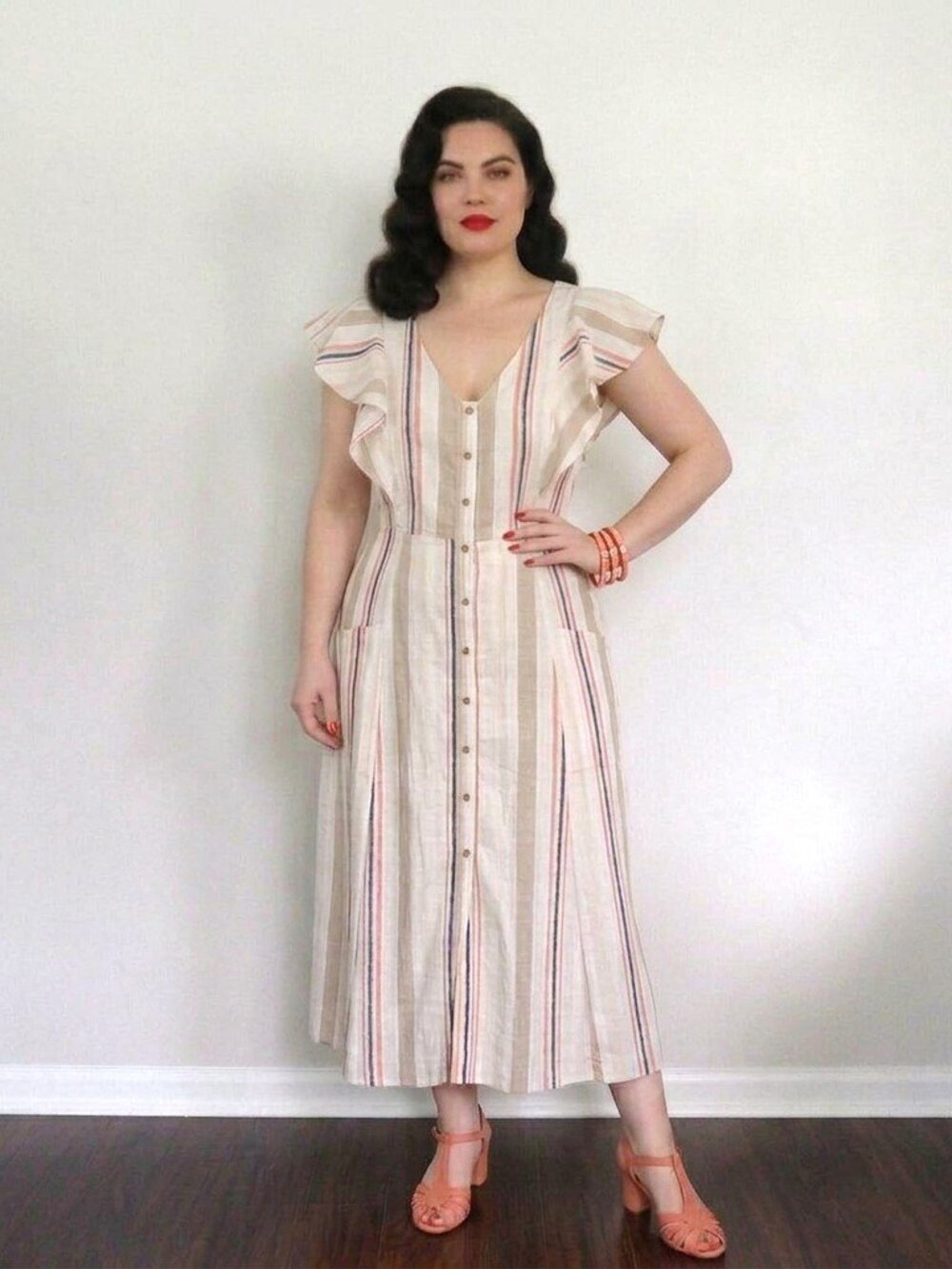 Cottage Core Button Front White & Tan Cotton Stripes Dress